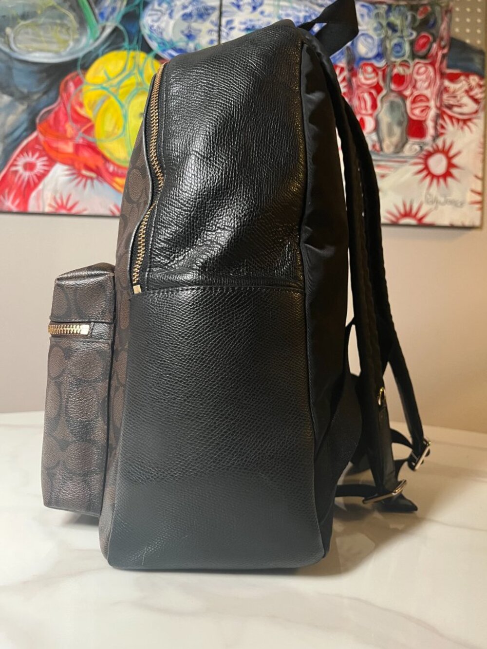 Coach Charlie Backpack Signature Brown Black Canvas Leather Trim - Picture 5 of 13